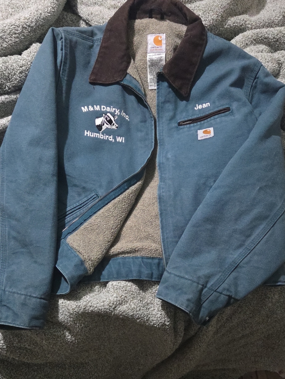 Vintage Carhartt Womens Teal Canvas Sherpa-Lined Jacket with Brown Cord Collar